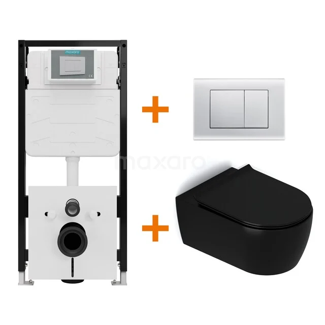 Toiletset Mat zwart met Spoelrand + Maxaro Flush Slim Pro inbouwreservoir met geluidsisolatie TOI2734