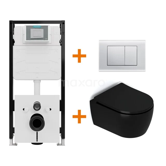 Toilet set Matte black with rim + Maxaro Flush Slim Pro concealed cistern with sound insulation TOI2736 Toilet set Matte black with rim + Maxaro Flush Slim Pro concealed cistern with sound insulation TOI2736