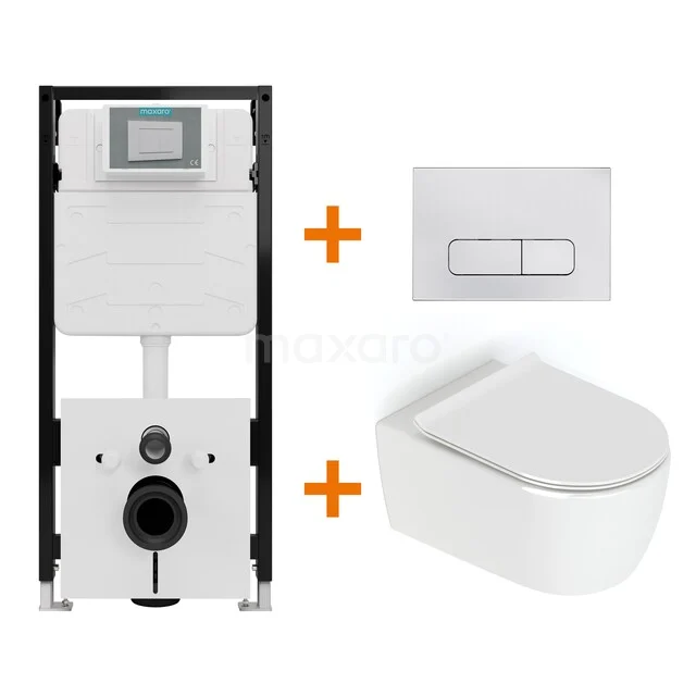 Toiletset Hoogglans wit zonder Spoelrand + Maxaro Flush Slim Pro inbouwreservoir met geluidsisolatie TOI2755