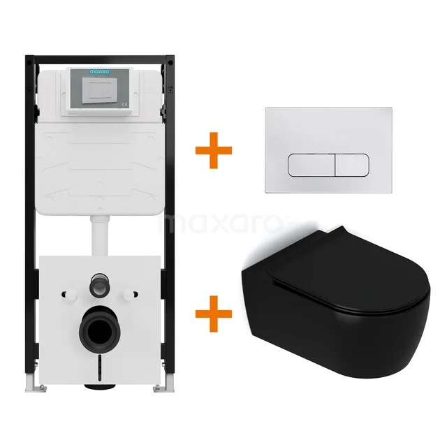 Toiletset Mat zwart met Spoelrand + Maxaro Flush Slim Pro inbouwreservoir met geluidsisolatie TOI2767