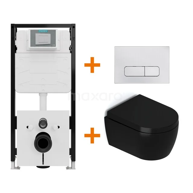 Toiletset Mat zwart met Spoelrand + Maxaro Flush Slim Pro inbouwreservoir met geluidsisolatie TOI2768