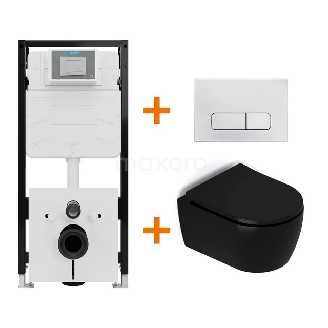 Toilet set Matte black with rim + Maxaro Flush Slim Pro concealed cistern with sound insulation TOI2769 Toilet set Matte black with rim + Maxaro Flush Slim Pro concealed cistern with sound insulation TOI2769