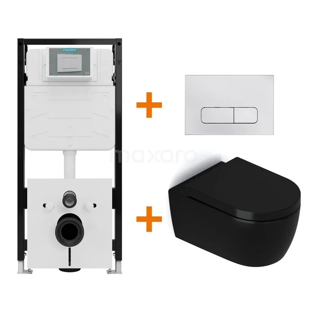 Toiletset Mat zwart zonder Spoelrand + Maxaro Flush Slim Pro inbouwreservoir met geluidsisolatie TOI2770