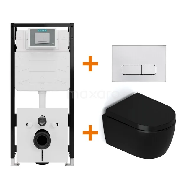 Toiletset Mat zwart zonder Spoelrand + Maxaro Flush Slim Pro inbouwreservoir met geluidsisolatie TOI2772