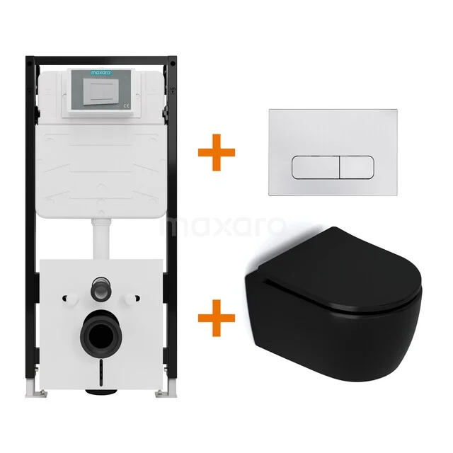 Toiletset Mat zwart zonder Spoelrand + Maxaro Flush Slim Pro inbouwreservoir met geluidsisolatie TOI2773