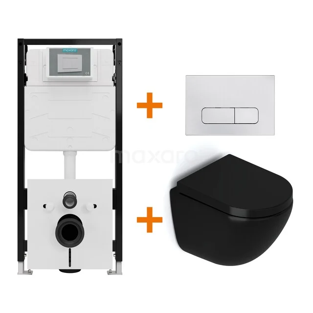 Toiletset Mat zwart zonder Spoelrand + Maxaro Flush Slim Pro inbouwreservoir met geluidsisolatie TOI2781