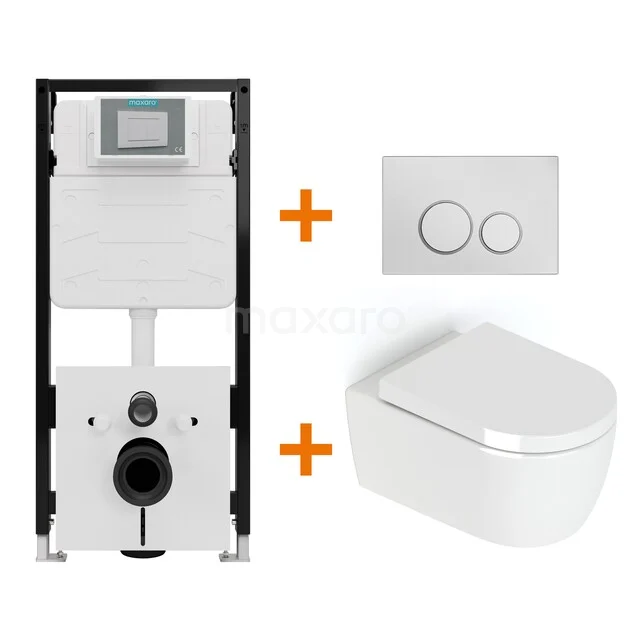 Toiletset Hoogglans wit zonder Spoelrand + Maxaro Flush Slim Pro inbouwreservoir met geluidsisolatie TOI2787