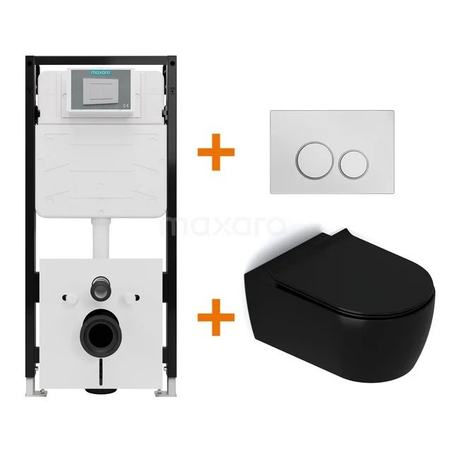 Toiletset Mat zwart met Spoelrand + Maxaro Flush Slim Pro inbouwreservoir met geluidsisolatie TOI2800