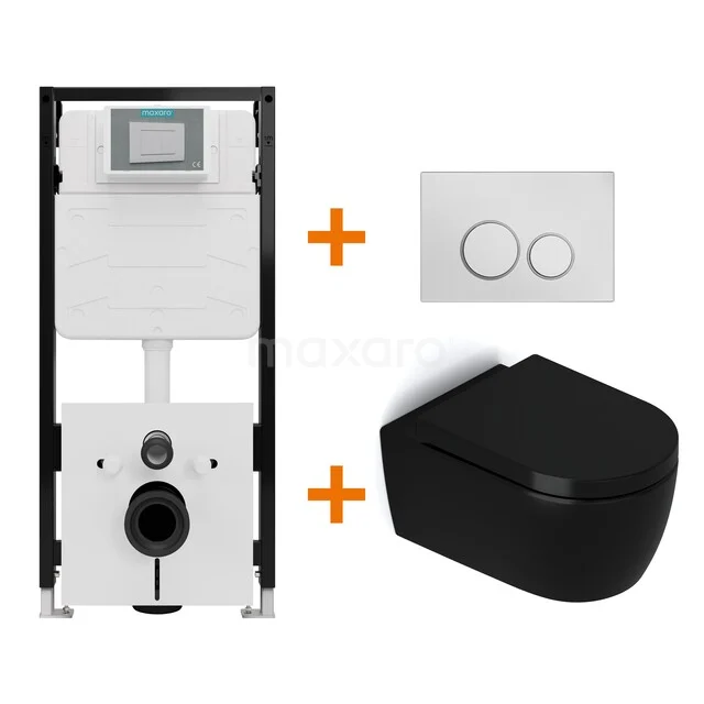 Toiletset Mat zwart zonder Spoelrand + Maxaro Flush Slim Pro inbouwreservoir met geluidsisolatie TOI2803 Toiletset Mat zwart zonder Spoelrand + Maxaro Flush Slim Pro inbouwreservoir met geluidsisolatie TOI2803