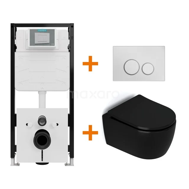 Toiletset Mat zwart zonder Spoelrand + Maxaro Flush Slim Pro inbouwreservoir met geluidsisolatie TOI2806
