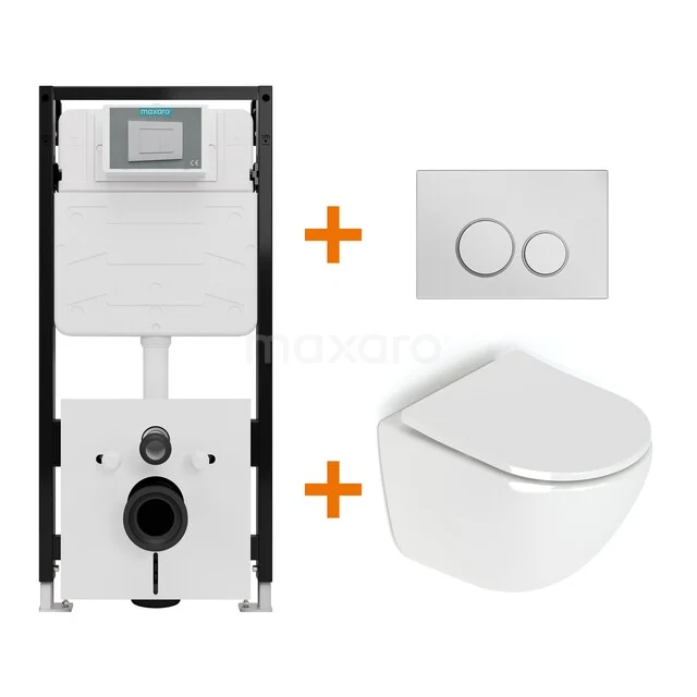 Toiletset Hoogglans wit zonder Spoelrand + Maxaro Flush Slim Pro inbouwreservoir met geluidsisolatie TOI2811