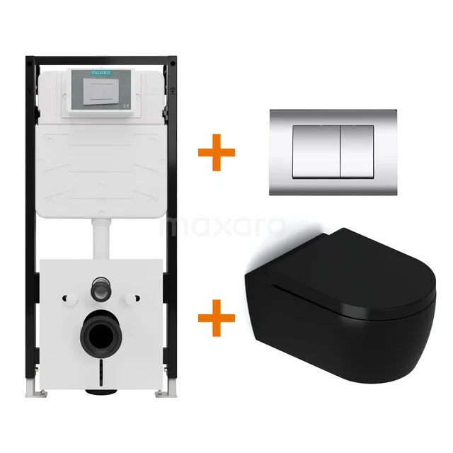Toiletset Mat zwart met Spoelrand + Maxaro Flush Slim Pro inbouwreservoir met geluidsisolatie TOI2832