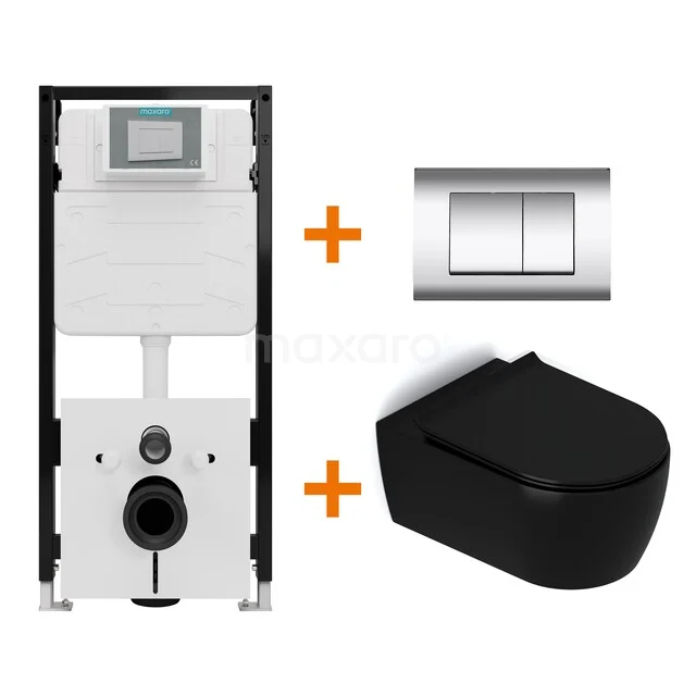 Toiletset Mat zwart met Spoelrand + Maxaro Flush Slim Pro inbouwreservoir met geluidsisolatie TOI2833