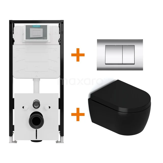 Toiletset Mat zwart met Spoelrand + Maxaro Flush Slim Pro inbouwreservoir met geluidsisolatie TOI2834