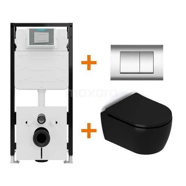 Toiletset Mat zwart met Spoelrand + Maxaro Flush Slim Pro inbouwreservoir met geluidsisolatie TOI2835