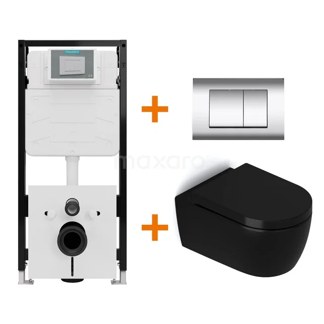 Toiletset Mat zwart zonder Spoelrand + Maxaro Flush Slim Pro inbouwreservoir met geluidsisolatie TOI2836 Toiletset Mat zwart zonder Spoelrand + Maxaro Flush Slim Pro inbouwreservoir met geluidsisolatie TOI2836