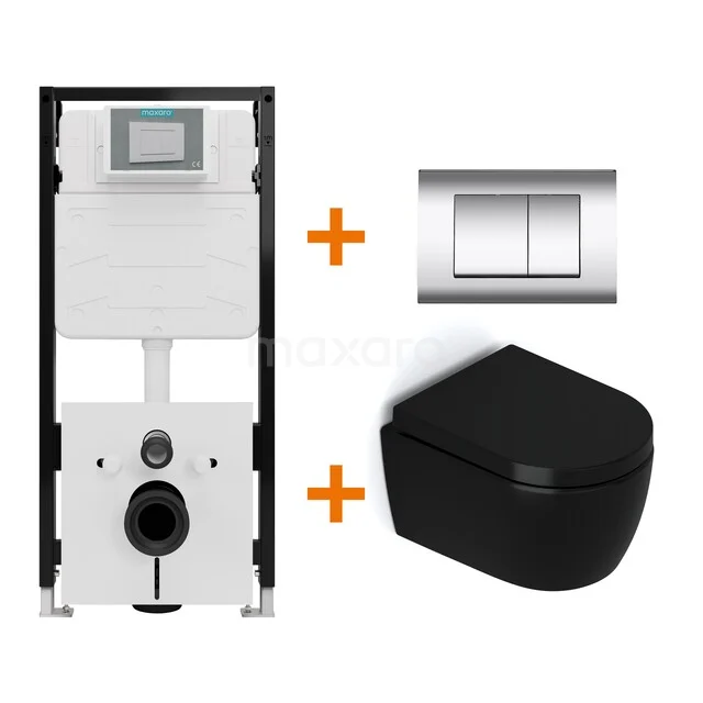 Toiletset Mat zwart zonder Spoelrand + Maxaro Flush Slim Pro inbouwreservoir met geluidsisolatie TOI2838
