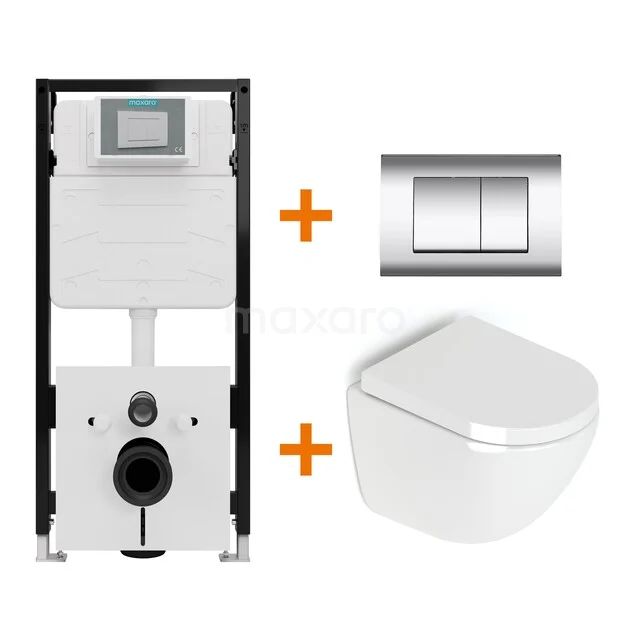 Toiletset Hoogglans wit zonder Spoelrand + Maxaro Flush Slim Pro inbouwreservoir met geluidsisolatie TOI2843