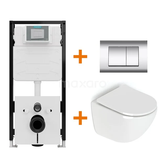 Toiletset Hoogglans wit zonder Spoelrand + Maxaro Flush Slim Pro inbouwreservoir met geluidsisolatie TOI2844