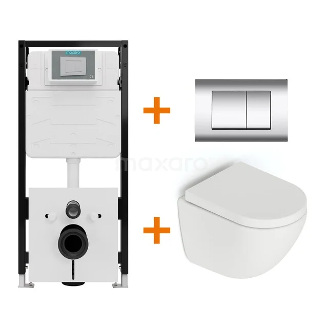Toiletset Mat wit zonder Spoelrand + Maxaro Flush Slim Pro inbouwreservoir met geluidsisolatie TOI2845