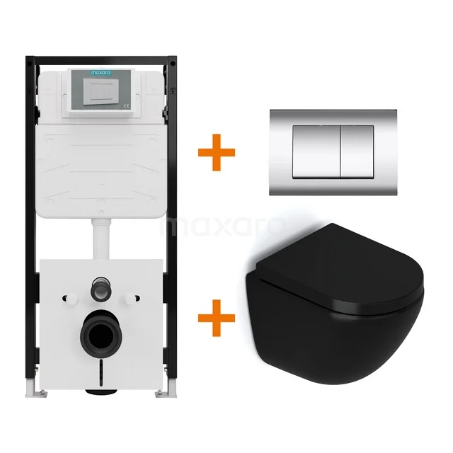 Toiletset Mat zwart zonder Spoelrand + Maxaro Flush Slim Pro inbouwreservoir met geluidsisolatie TOI2847