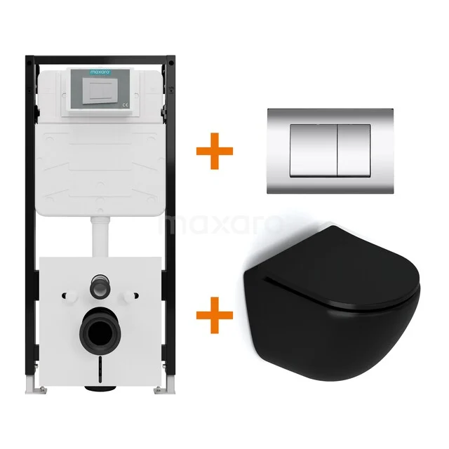 Toiletset Mat zwart zonder Spoelrand + Maxaro Flush Slim Pro inbouwreservoir met geluidsisolatie TOI2848