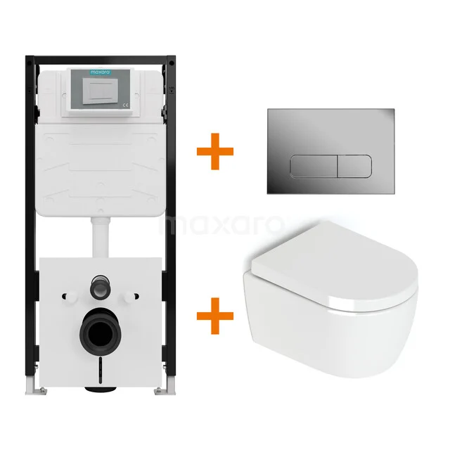 Toiletset Hoogglans wit zonder Spoelrand + Maxaro Flush Slim Pro inbouwreservoir met geluidsisolatie TOI2855