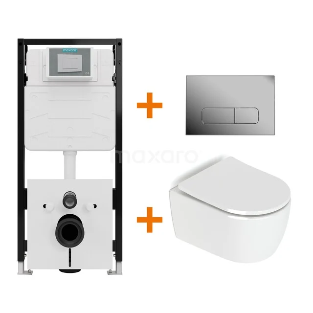 Toiletset Hoogglans wit zonder Spoelrand + Maxaro Flush Slim Pro inbouwreservoir met geluidsisolatie TOI2856