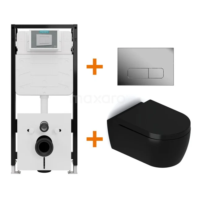 Toiletset Mat zwart met Spoelrand + Maxaro Flush Slim Pro inbouwreservoir met geluidsisolatie TOI2865