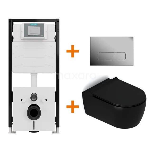 Toiletset Mat zwart met Spoelrand + Maxaro Flush Slim Pro inbouwreservoir met geluidsisolatie TOI2866