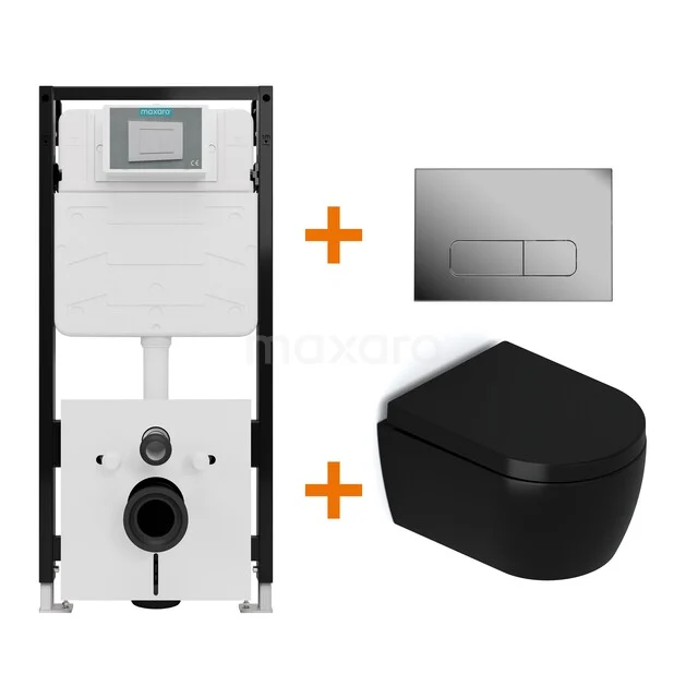 Toiletset Mat zwart met Spoelrand + Maxaro Flush Slim Pro inbouwreservoir met geluidsisolatie TOI2867