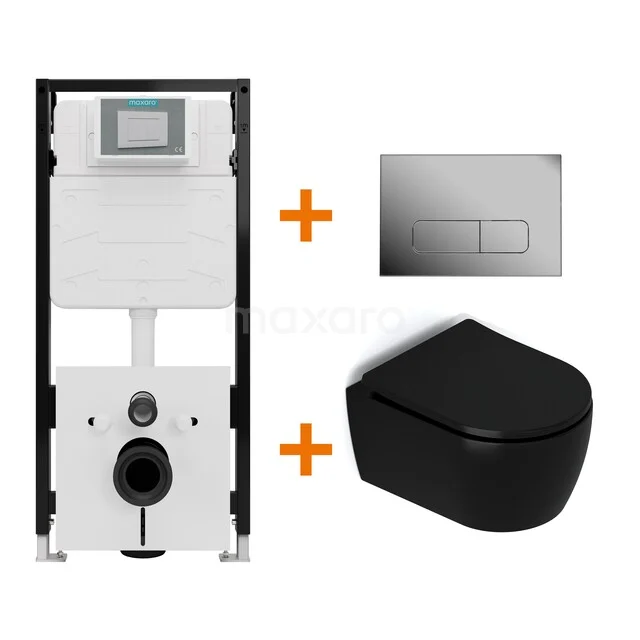 Toiletset Mat zwart met Spoelrand + Maxaro Flush Slim Pro inbouwreservoir met geluidsisolatie TOI2868