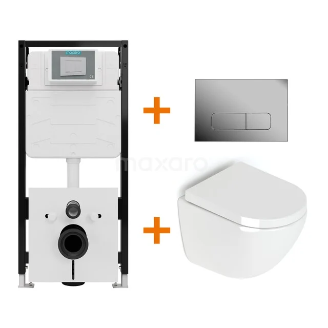 Toiletset Hoogglans wit zonder Spoelrand + Maxaro Flush Slim Pro inbouwreservoir met geluidsisolatie TOI2876