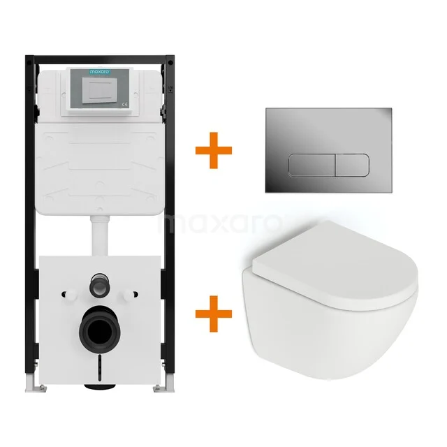 Toiletset Mat wit zonder Spoelrand + Maxaro Flush Slim Pro inbouwreservoir met geluidsisolatie TOI2878