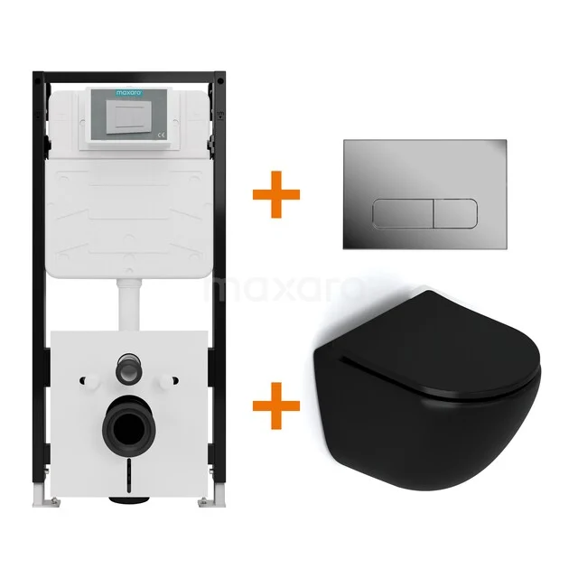 Toiletset Mat zwart zonder Spoelrand + Maxaro Flush Slim Pro inbouwreservoir met geluidsisolatie TOI2881