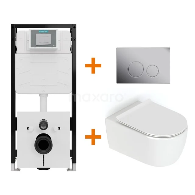 Toiletset Hoogglans wit zonder Spoelrand + Maxaro Flush Slim Pro inbouwreservoir met geluidsisolatie TOI2887