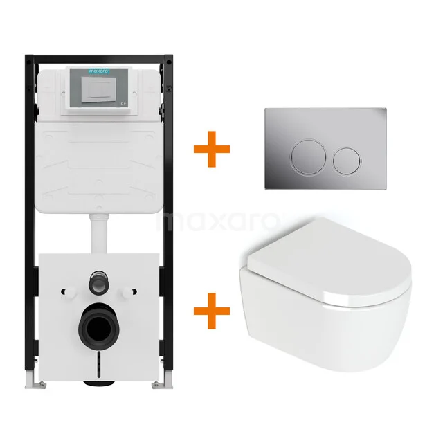 Toiletset Hoogglans wit zonder Spoelrand + Maxaro Flush Slim Pro inbouwreservoir met geluidsisolatie TOI2888