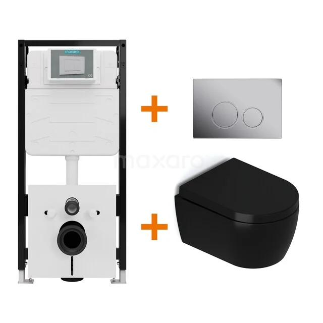 Toiletset Mat zwart met Spoelrand + Maxaro Flush Slim Pro inbouwreservoir met geluidsisolatie TOI2900