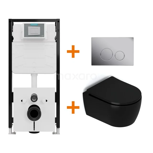 Toiletset Mat zwart met Spoelrand + Maxaro Flush Slim Pro inbouwreservoir met geluidsisolatie TOI2901
