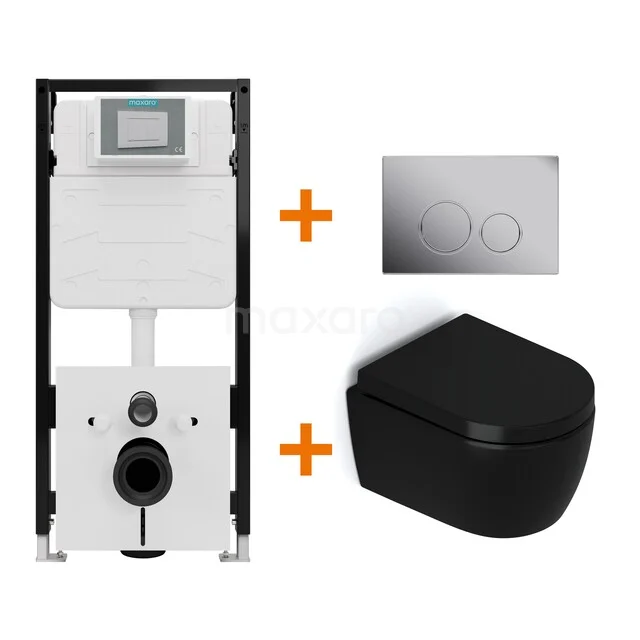 Toiletset Mat zwart zonder Spoelrand + Maxaro Flush Slim Pro inbouwreservoir met geluidsisolatie TOI2904