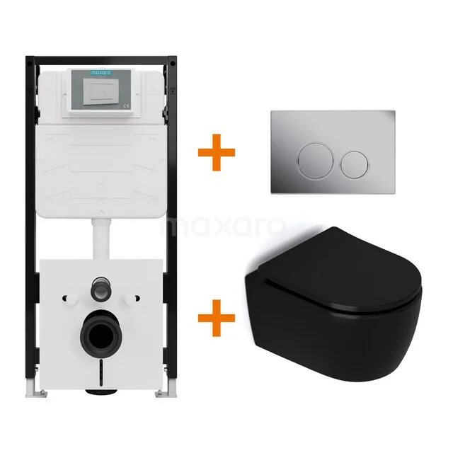 Toiletset Mat zwart zonder Spoelrand + Maxaro Flush Slim Pro inbouwreservoir met geluidsisolatie TOI2905