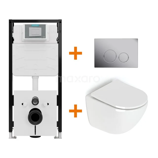 Toiletset Hoogglans wit zonder Spoelrand + Maxaro Flush Slim Pro inbouwreservoir met geluidsisolatie TOI2910