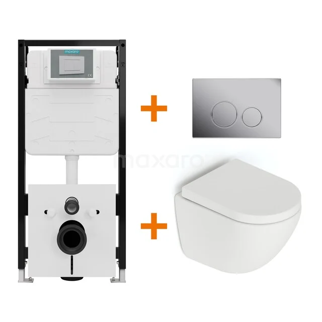 Toiletset Mat wit zonder Spoelrand + Maxaro Flush Slim Pro inbouwreservoir met geluidsisolatie TOI2911