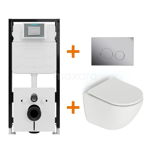 Toiletset Mat wit zonder Spoelrand + Maxaro Flush Slim Pro inbouwreservoir met geluidsisolatie TOI2912