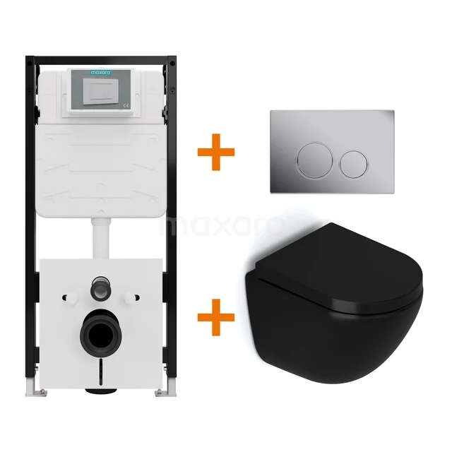 Toiletset Mat zwart zonder Spoelrand + Maxaro Flush Slim Pro inbouwreservoir met geluidsisolatie TOI2913