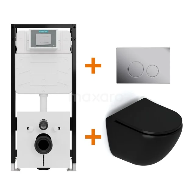 Toiletset Mat zwart zonder Spoelrand + Maxaro Flush Slim Pro inbouwreservoir met geluidsisolatie TOI2914