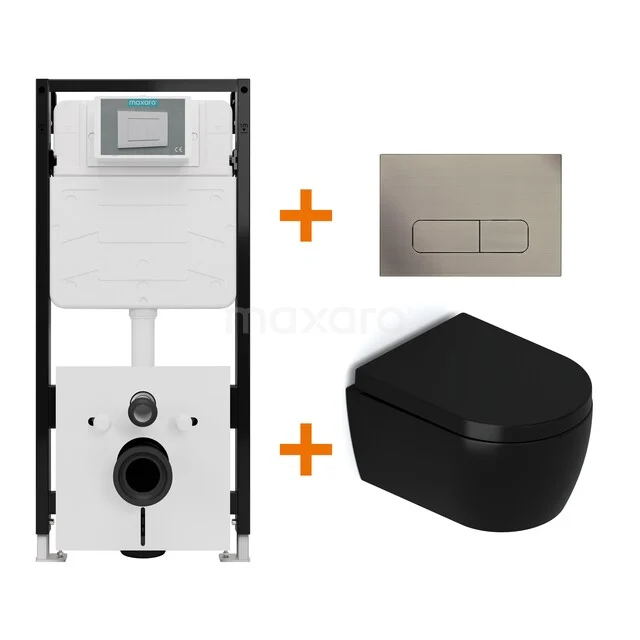 Toiletset Mat zwart met Spoelrand + Maxaro Flush Slim Pro inbouwreservoir met geluidsisolatie TOI2933