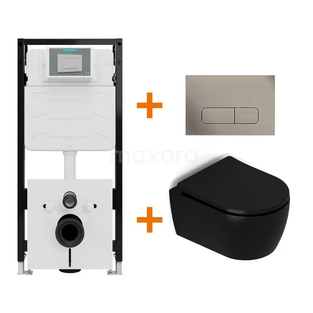 Toiletset Mat zwart met Spoelrand + Maxaro Flush Slim Pro inbouwreservoir met geluidsisolatie TOI2934
