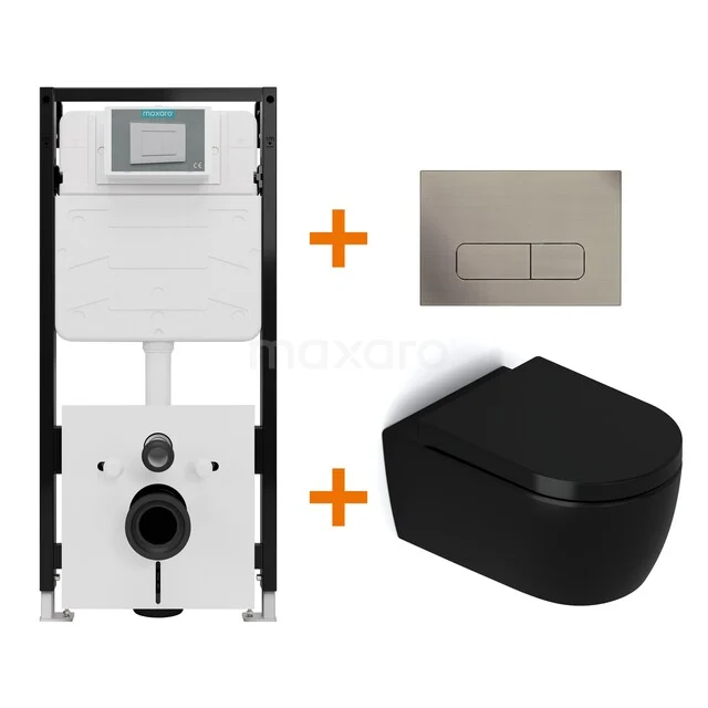 Toiletset Mat zwart zonder Spoelrand + Maxaro Flush Slim Pro inbouwreservoir met geluidsisolatie TOI2935