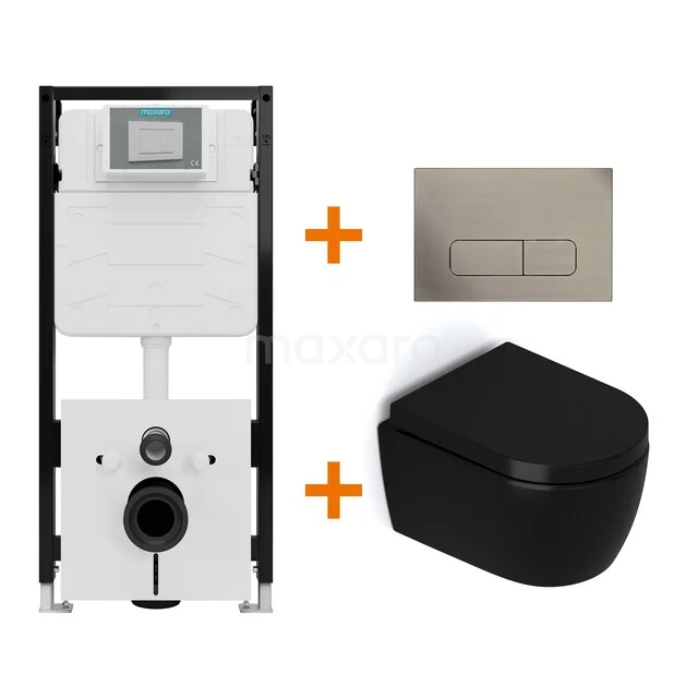 Toiletset Mat zwart zonder Spoelrand + Maxaro Flush Slim Pro inbouwreservoir met geluidsisolatie TOI2937